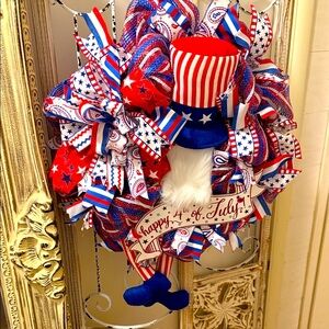 Patriotic Red, White & Blue Holiday Wreath with Striped Top Hat Accent